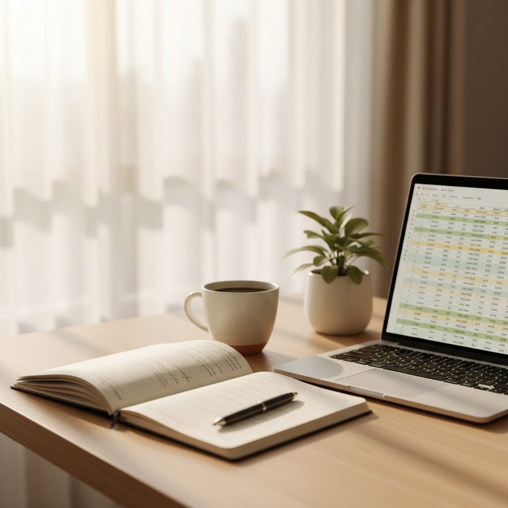 Organized bookkeeping workspace with warm natural light
